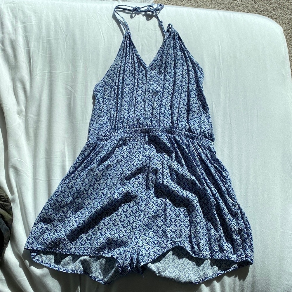 Blue and white shell print romper